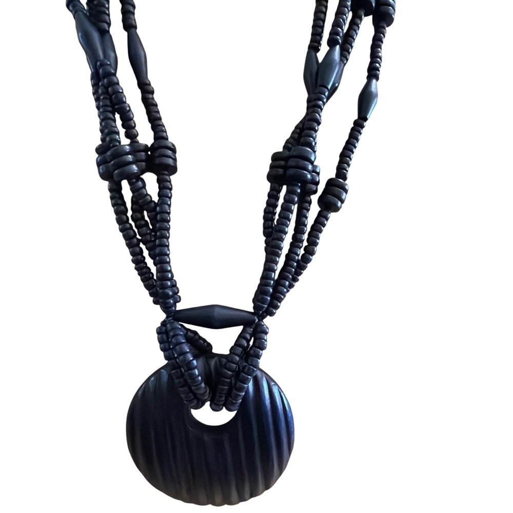 Vintage Navy Blue Multi Strand Wooden Bead Statement Necklace Ribbed Pendant